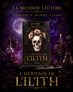 Couverture de L’Héritage de Lilith de J.K. Gras, ornée d’un crâne couronné de fleurs, dans un décor violet éclairé aux bougies.