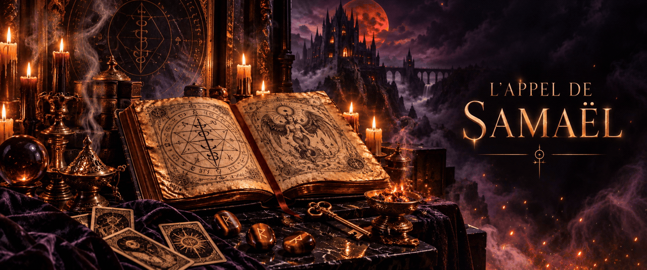 L’Appel de Samaël : un grimoire ouvert, des bougies, des cartes et des runes devant un château sous une lune rouge.