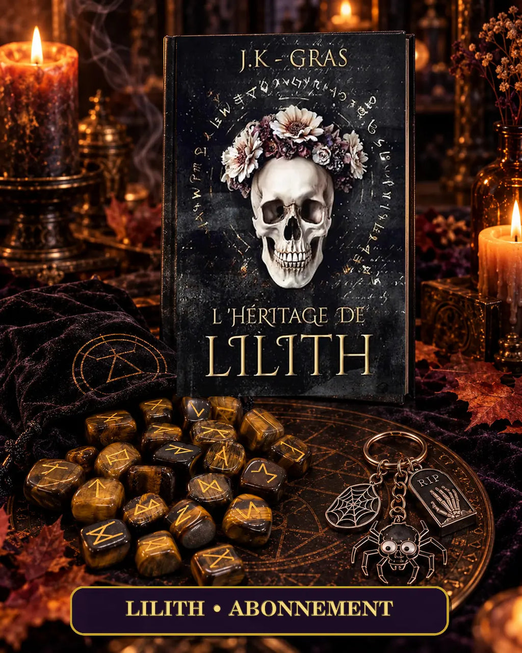 Abonnement Lilith : L’Héritage de Lilith, accompagné de runes, de leur pochon et du porte-clé gothique réservé aux abonnées.