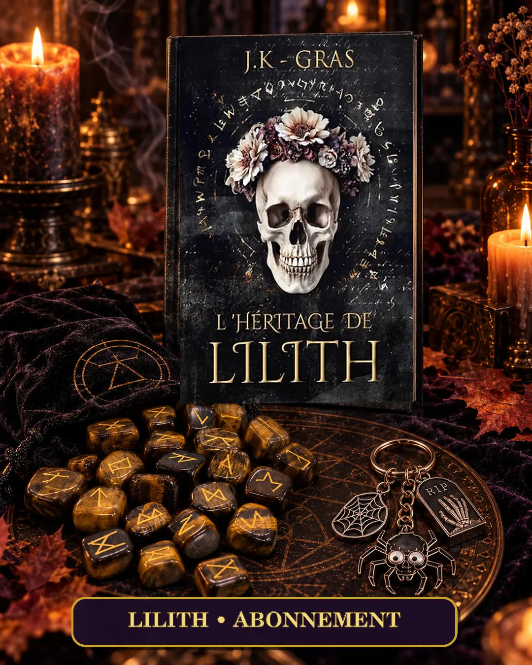 Abonnement Lilith : L’Héritage de Lilith, accompagné de runes, de leur pochon et du porte-clé gothique réservé aux abonnées.