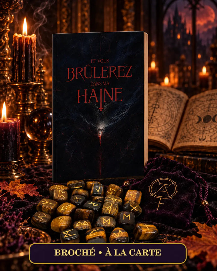 Formule Broché à la carte : Et vous brûlerez dans ma haine à la couverture noire et rouge, avec des runes et leur pochon.