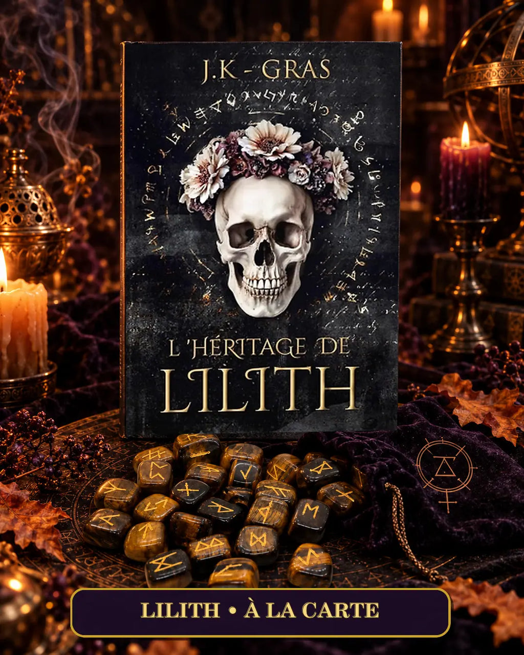 Formule Lilith à la carte : L’Héritage de Lilith à la couverture ornée d’un crâne fleuri, avec des runes et leur pochon.