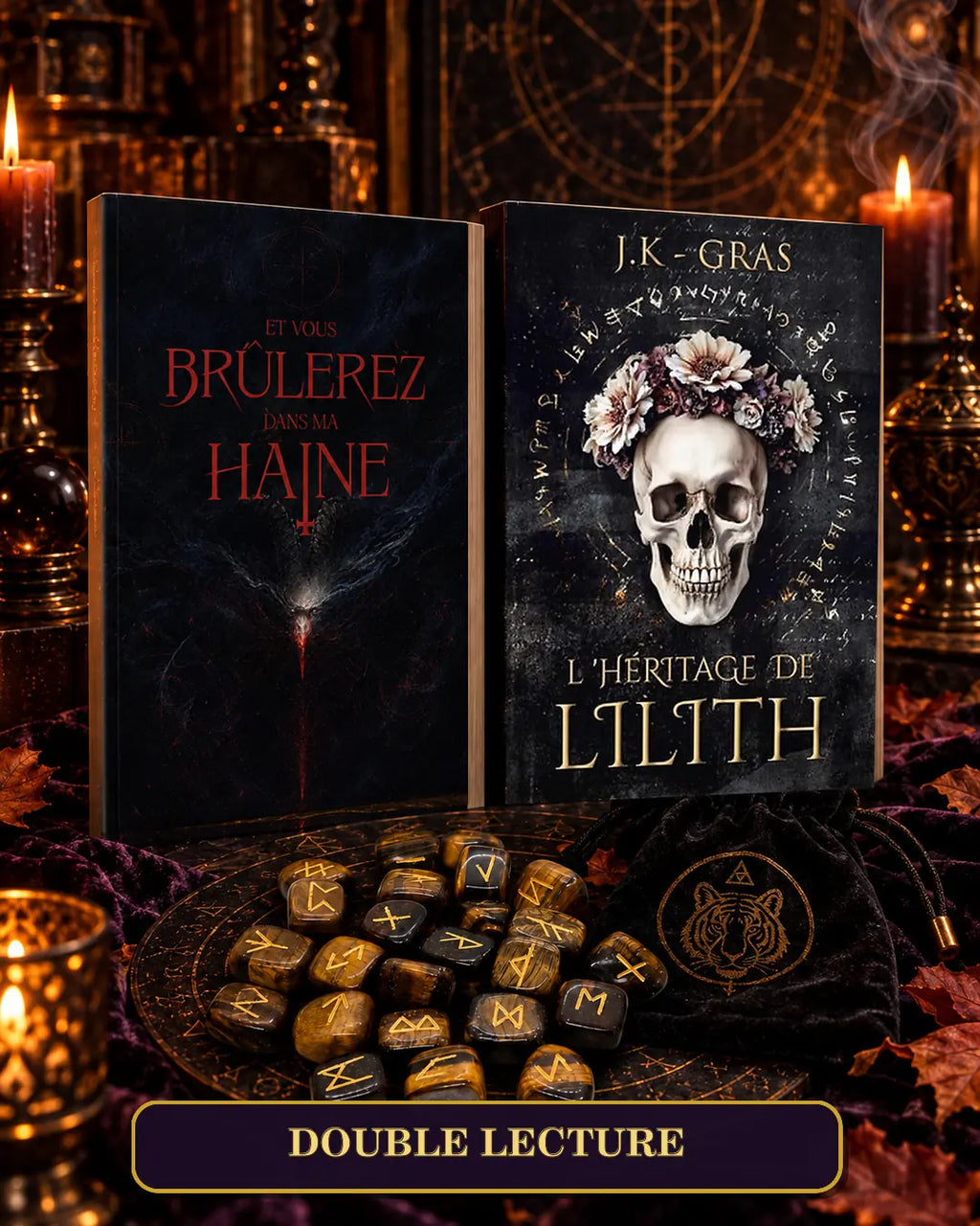 Formule Double Lecture : les deux romans Et vous brûlerez dans ma haine et L’Héritage de Lilith, avec des runes et leur pochon.