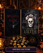Formule Double Lecture : les deux romans Et vous brûlerez dans ma haine et L’Héritage de Lilith, avec des runes et leur pochon.
