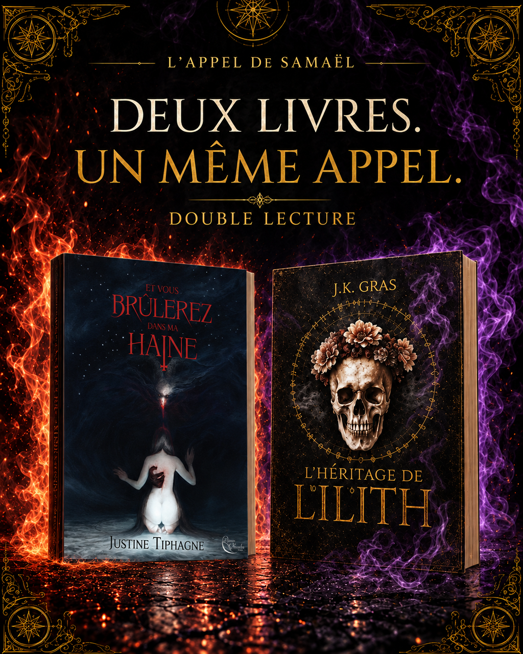 Les deux romans en broché : Et vous brûlerez dans ma haine à la couverture noire et rouge, et L’Héritage de Lilith au crâne fleuri.