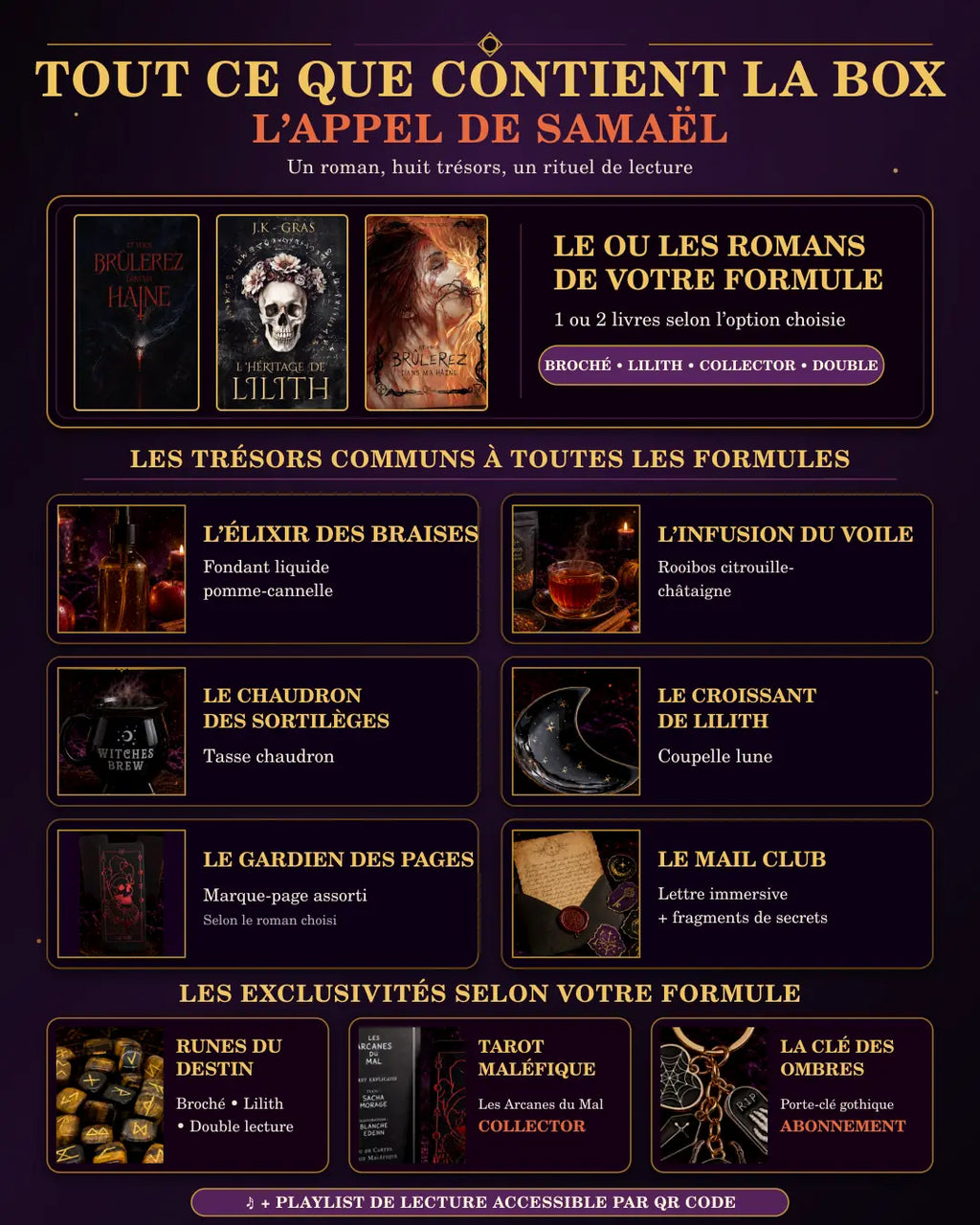 Composition des formules : roman(s), fondant, infusion, tasse chaudron, coupelle lune, marque-page et Mail Club ; runes ou tarot selon la formule, porte-clé avec abonnement.