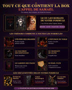 Composition des formules : roman(s), fondant, infusion, tasse chaudron, coupelle lune, marque-page et Mail Club ; runes ou tarot selon la formule, porte-clé avec abonnement.