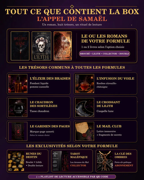Composition des formules : roman(s), fondant, infusion, tasse chaudron, coupelle lune, marque-page et Mail Club ; runes ou tarot selon la formule, porte-clé avec abonnement.