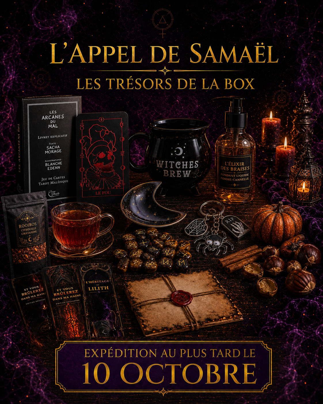 Aperçu des trésors selon la formule : tasse, infusion, fondant, coupelle lune, marque-pages et lettre ; runes, tarot ou porte-clé selon l’offre. Expédition au plus tard le 10 octobre 2026.