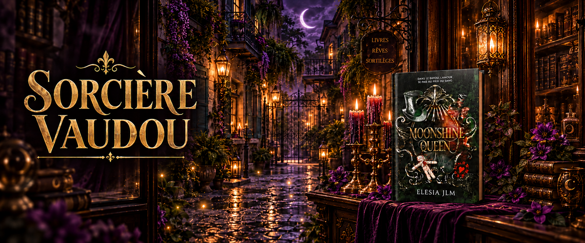 Sorcière Vaudou à la carte : Moonshine Queen dans une ruelle illuminée de bougies et de lanternes, sous une lune violette.