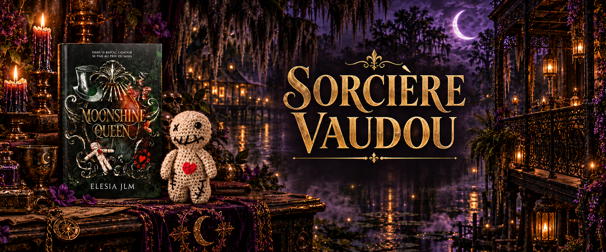 Sorcière Vaudou : Moonshine Queen et sa poupée vaudou, dans un bayou violet éclairé aux bougies.